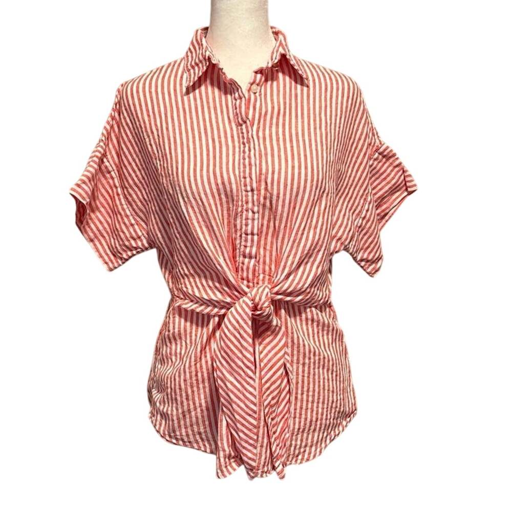 Lauren Ralph Lauren LRL Size S Linen Button Up Tie Front Shirt Top Stripes